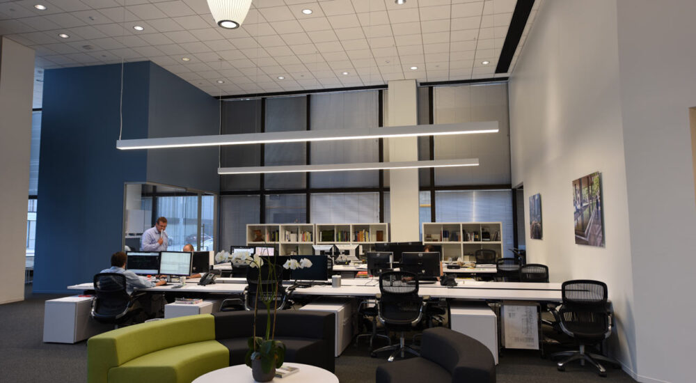 What Is Lambertian Distribution? Suspended Lumato linear lighting products in an office space