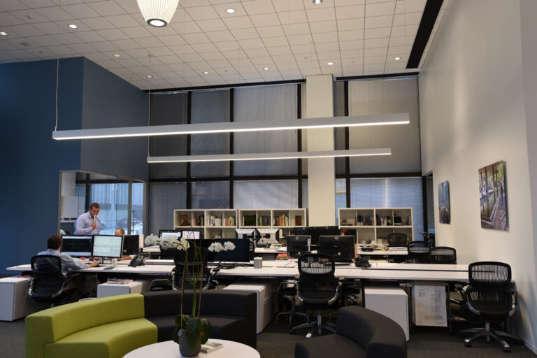 Suspended Lumato linear lighting products in an office space