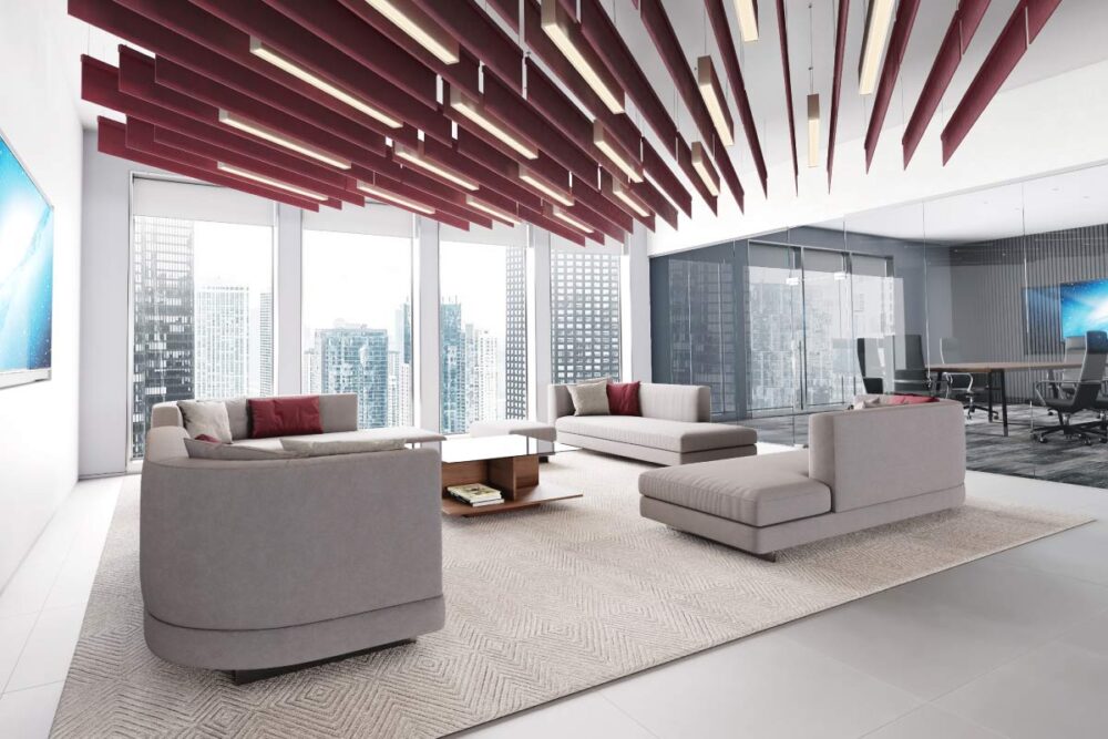 Acoustic lighting and panels suspended from a ceiling in an office lobby