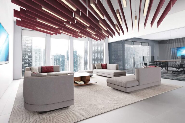 Acoustic lighting and panels suspended from a ceiling in an office lobby